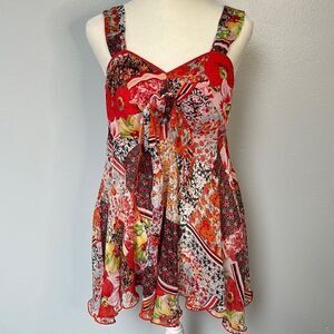 Donna sheer ruffled, asymmetrical tank top.  Cottagecore. Small. Floral Print.